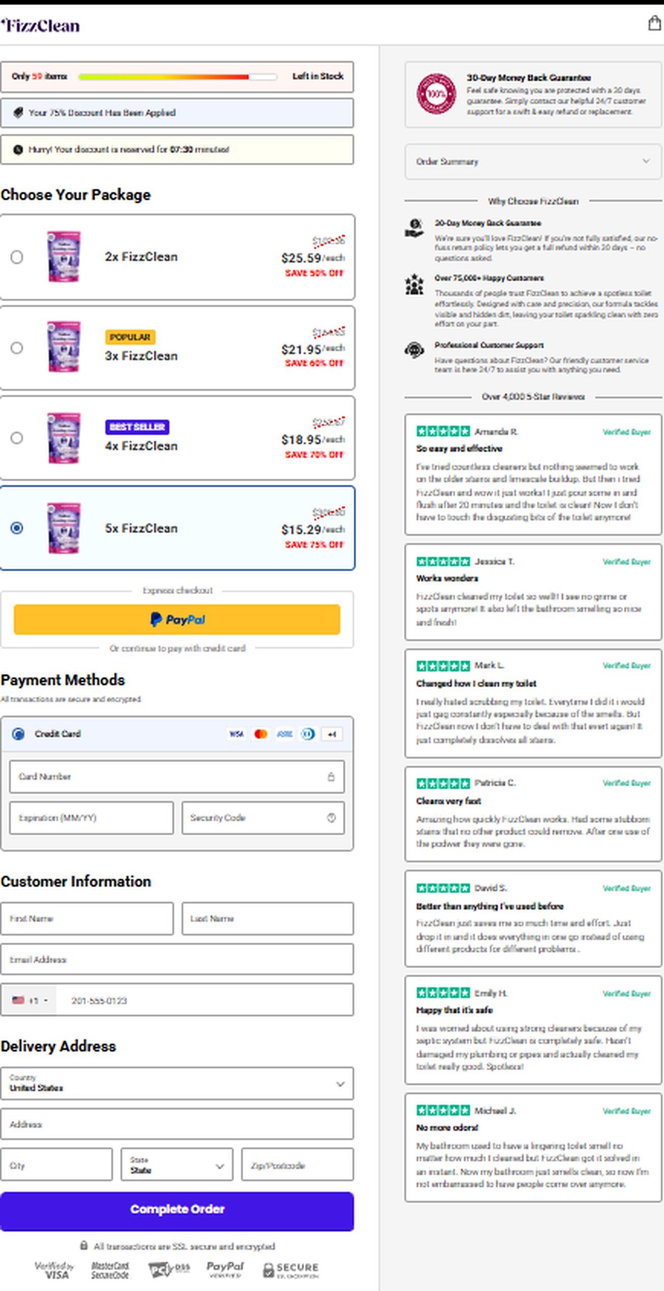 Official FizzClean secure checkout page showing package pricing and 30-day guarantee